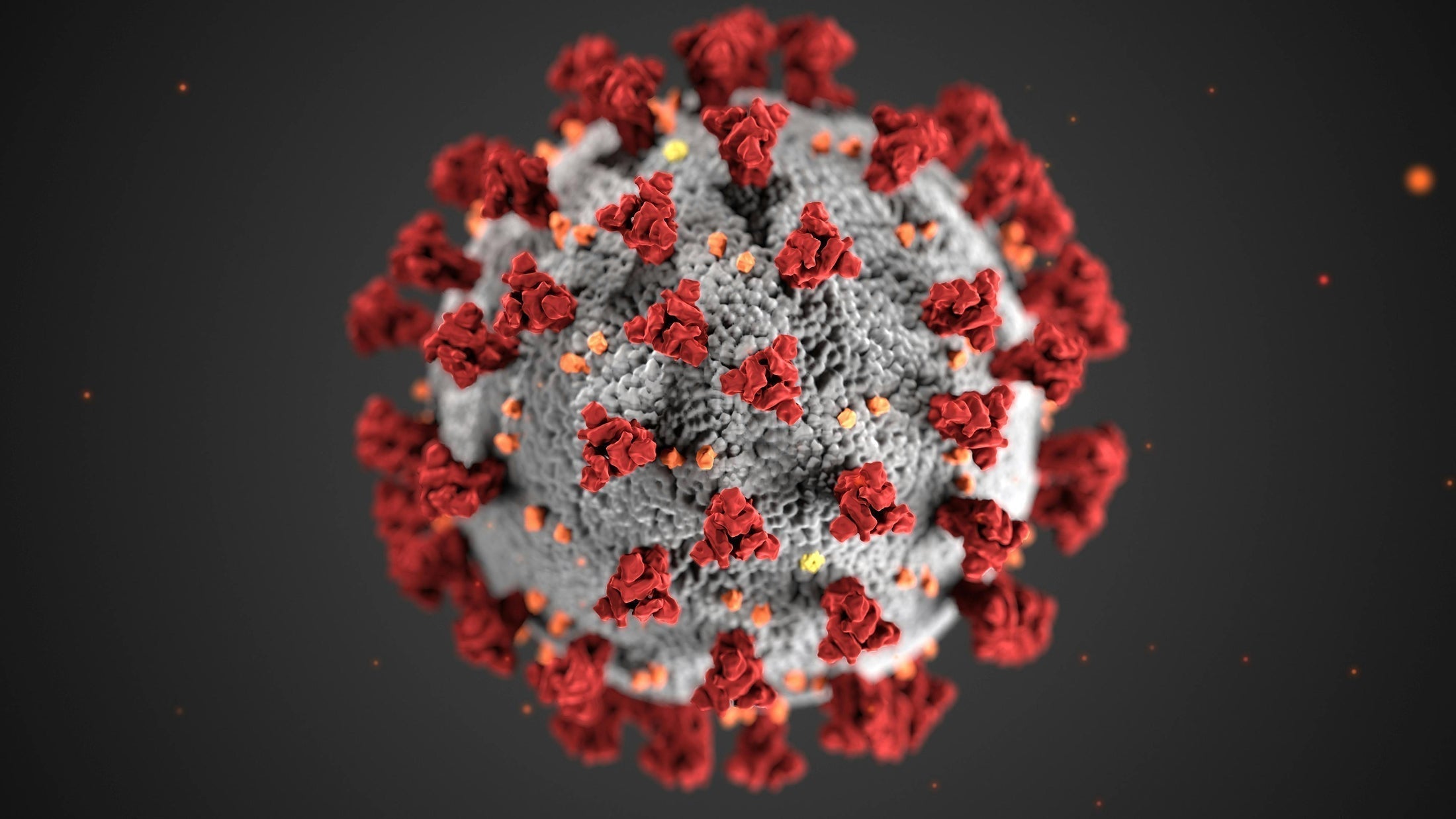 3D render of a virus with red spike proteins on its surface