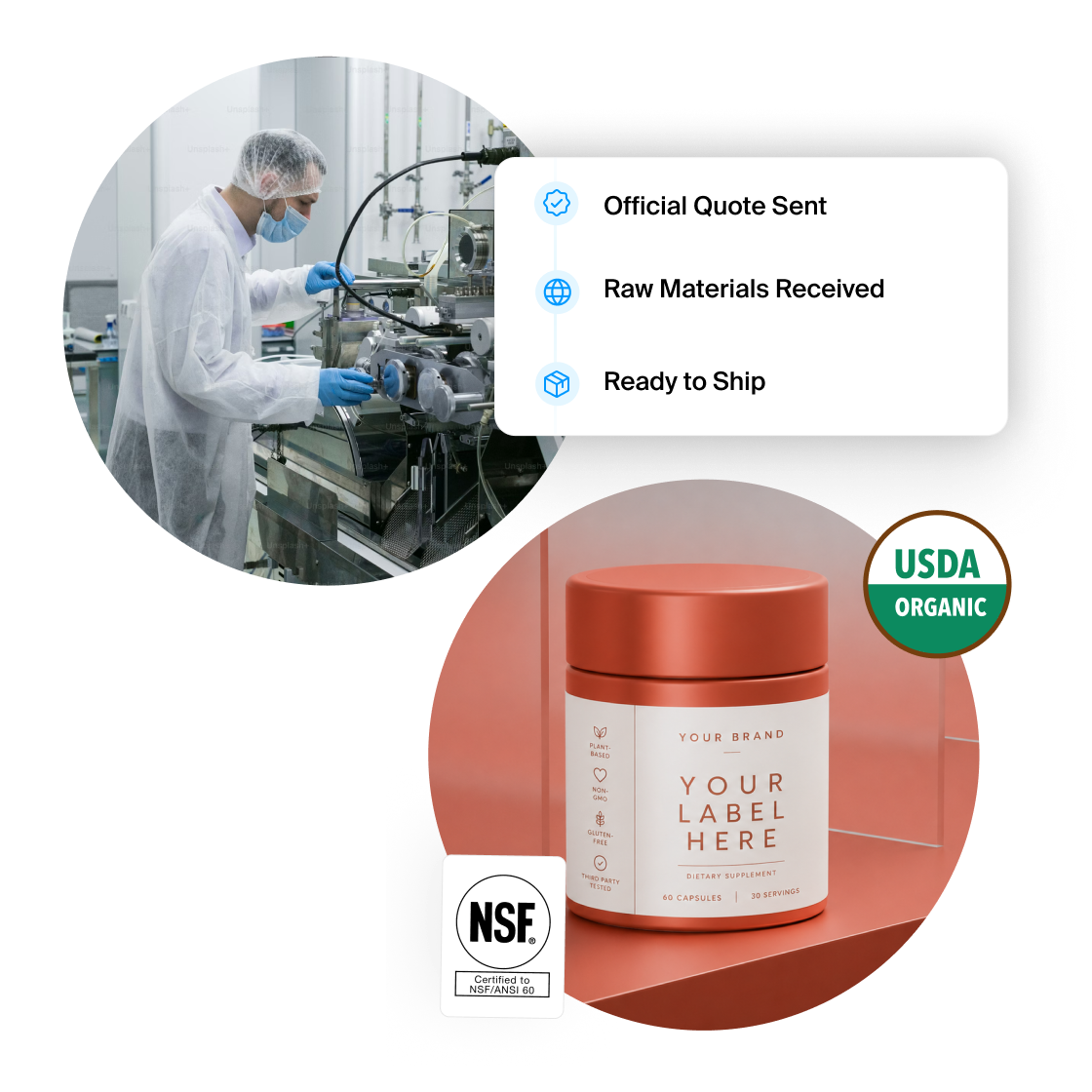 Container with a red lid and white label, featuring NSF and USDA Organic logos, with a lab worker in the background.