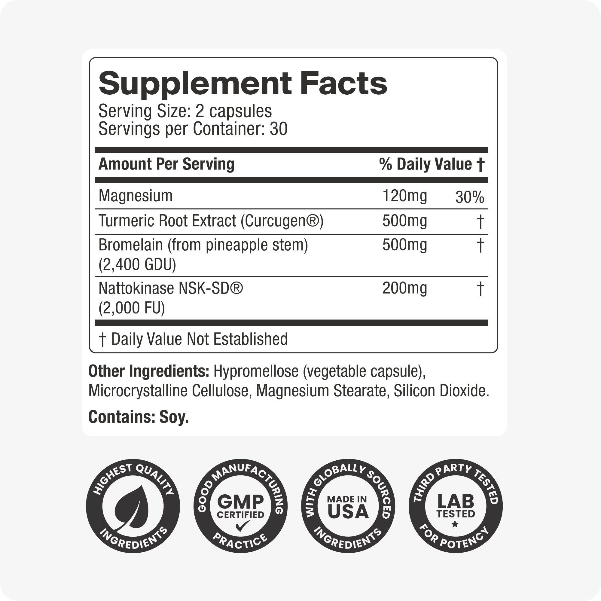 Spike protein detox capsules supplement facts label – nattokinase, curcumin, bromelain formula