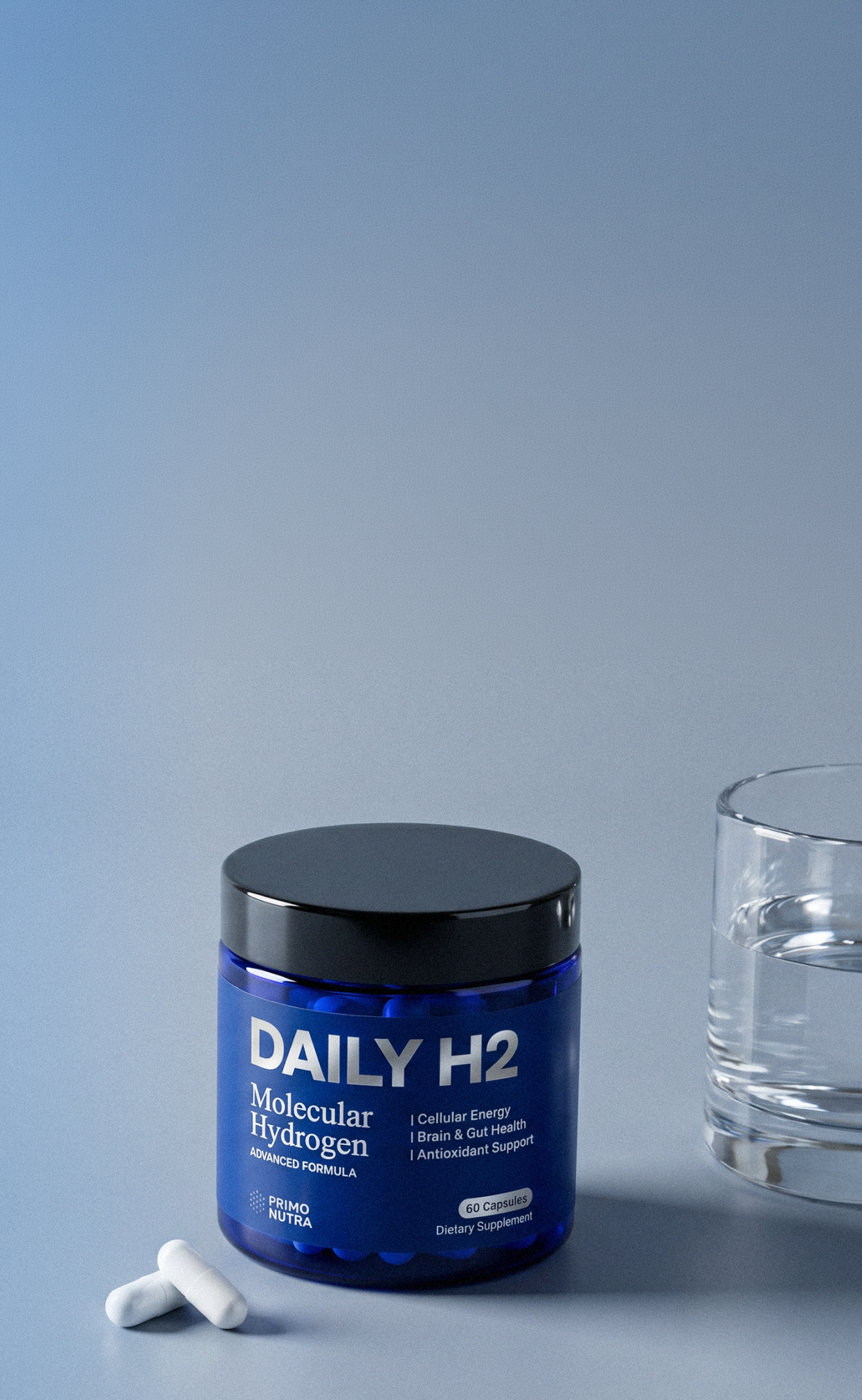 Blue container labeled 'DAILY H2 Molecular Hydrogen' with a black lid on a gray background.