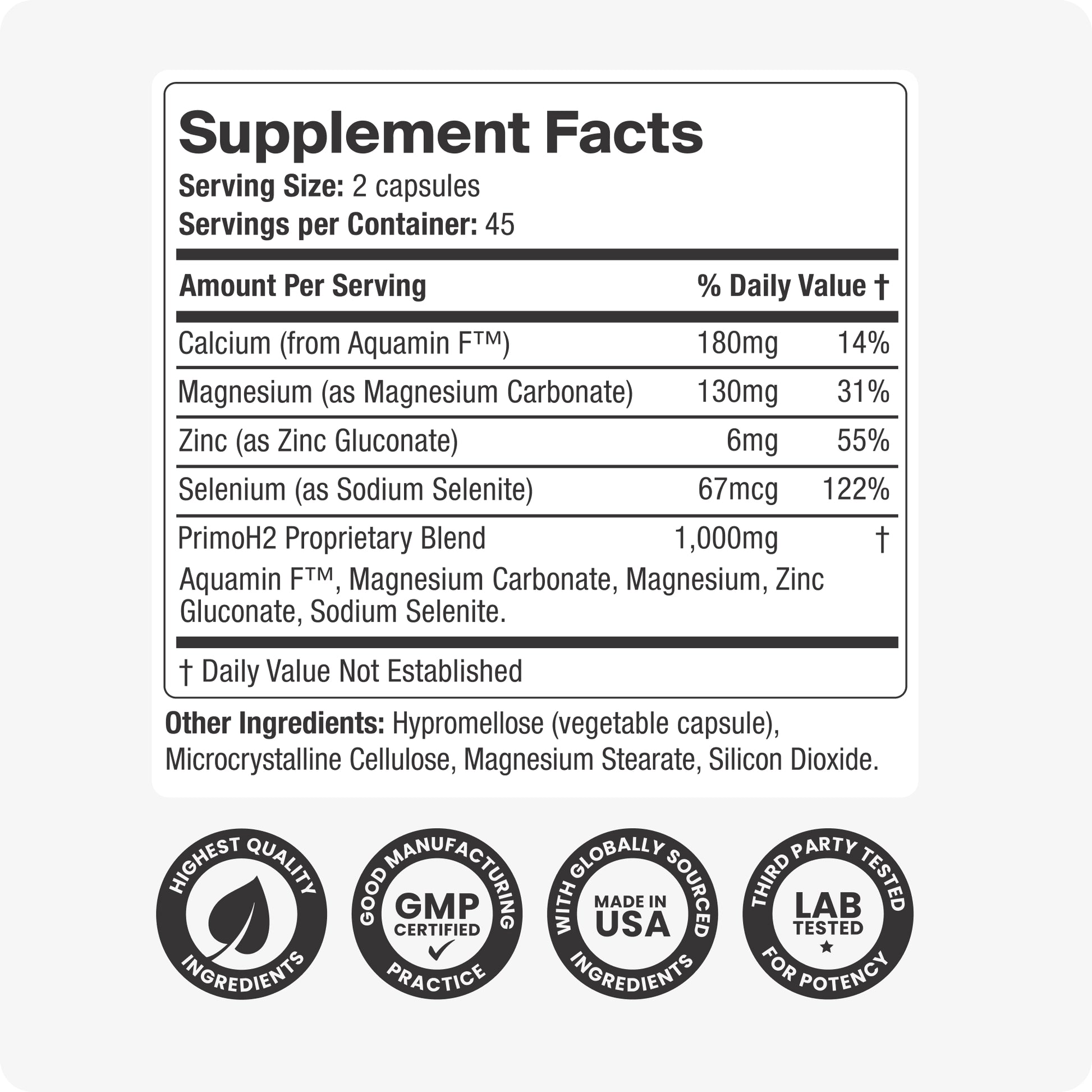 PrimoH2 molecular hydrogen supplement facts label – hydrogen antioxidant capsules