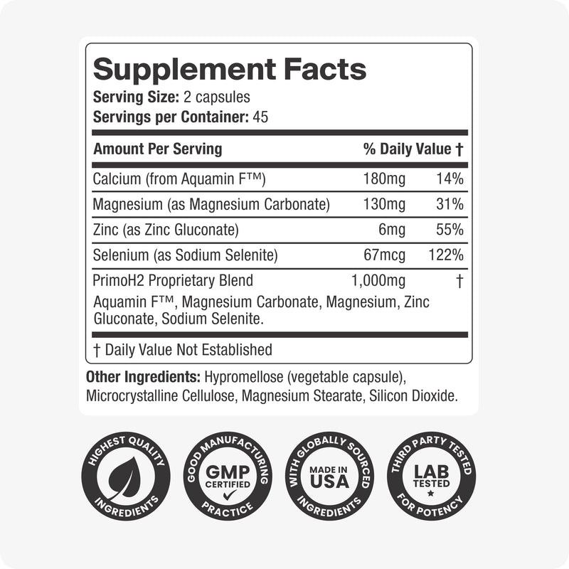 PrimoH2 molecular hydrogen supplement facts label – hydrogen antioxidant capsules